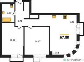 Планировка двухкомнатной(квартира) площадью 67.8 квадратных метров в “ЖК UNO Соколиная гора”