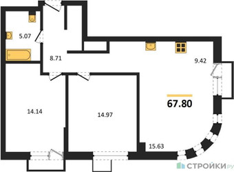 Планировка двухкомнатной(квартира) площадью 67.8 квадратных метров в ЖК “ЖК UNO Соколиная гора”