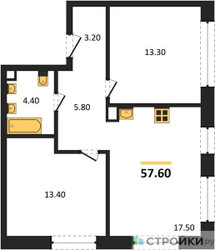 Планировка двухкомнатной(квартира) площадью 57.6 квадратных метров в ЖК “ЖК Шагал”