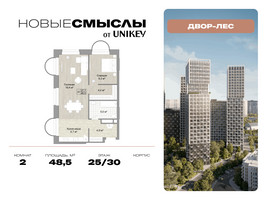 Планировка двухкомнатной(квартира) площадью 48.5 квадратных метров в “ЖК Новые смыслы”