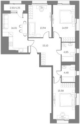 Планировка 4+ комнатной(квартира) площадью 85.8 квадратных метров в ЖК “ЖК Аквилон Бисайд 2.0”