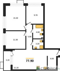 Планировка трехкомнатной(квартира) площадью 77.9 квадратных метров в ЖК “ЖК Прокшино”