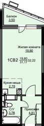 Планировка студии(квартира) площадью 32.7 квадратных метров в ЖК “ЖК Соболевка”