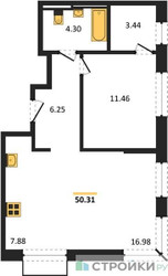 Планировка однокомнатной(квартира) площадью 50.31 квадратных метров в ЖК “ЖК Квартал Домашний”