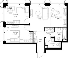 Планировка двухкомнатной(квартира) площадью 63.1 квадратных метров в “ЖК СЕТ”
