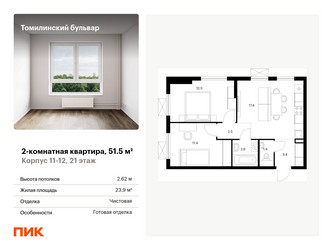 Планировка двухкомнатной(квартира) площадью 51.5 квадратных метров в “ЖК Томилинский бульвар”