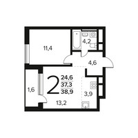Планировка двухкомнатной(квартира) площадью 38.9 квадратных метров в “Новые Ватутинки. Заречный”