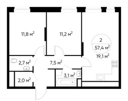 Планировка двухкомнатной(квартира) площадью 57.4 квадратных метров в “ЖК Первый Московский”
