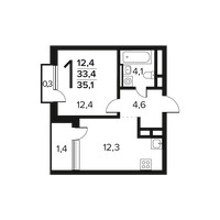 Планировка однокомнатной(квартира) площадью 35.1 квадратных метров в “Новые Ватутинки. Заречный”