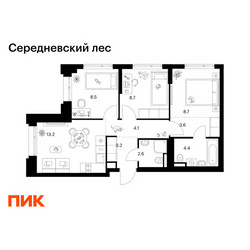 Планировка трехкомнатной(квартира) площадью 57 квадратных метров в ЖК “ЖК Середневский лес”