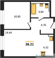 Планировка однокомнатной(квартира) площадью 38.21 квадратных метров в “ЖК Новое Видное”