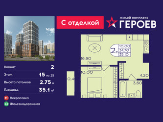 Планировка двухкомнатной(квартира) площадью 35.1 квадратных метров в ЖК “ЖК Героев”