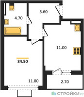 Планировка однокомнатной(квартира) площадью 34.5 квадратных метров в “ЖК Бунинские кварталы”