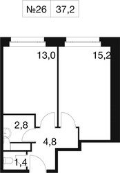 Планировка однокомнатной(квартира) площадью 37.2 квадратных метров в ЖК “ЖК Идеал”