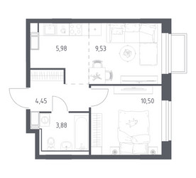Планировка однокомнатной(квартира) площадью 34.34 квадратных метров в ЖК “ЖК Томилино Парк”
