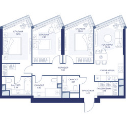 Планировка трехкомнатной(квартира) площадью 91.3 квадратных метров в ЖК “ЖК ХАЙДАУТ”