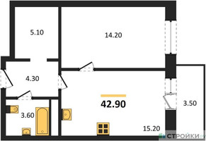 Планировка однокомнатной(квартира) площадью 42.9 квадратных метров в “ЖК Одинцовские кварталы”