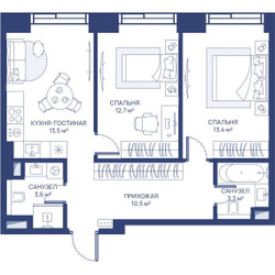 Планировка двухкомнатной(квартира) площадью 57 квадратных метров в ЖК “ЖК Свет”