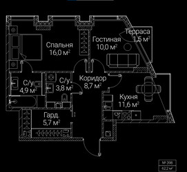 Планировка двухкомнатной(квартира) площадью 62.2 квадратных метров в ЖК “ЖК СЕЗАР БУДУЩЕЕ”