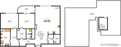 Планировка двухкомнатной(квартира) площадью 116.5 квадратных метров в ЖК “ЖК Лаврушинский”