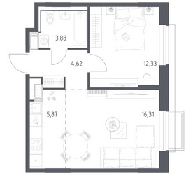 Планировка однокомнатной(квартира) площадью 43.01 квадратных метров в ЖК “ЖК Томилино Парк”