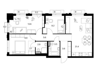 Планировка трехкомнатной(квартира) площадью 71.2 квадратных метров в ЖК “ЖК Лосиноостровский парк”