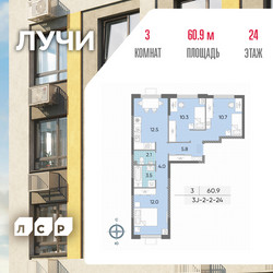 Планировка трехкомнатной(квартира) площадью 61 квадратных метров в ЖК “ЖК Лучи”