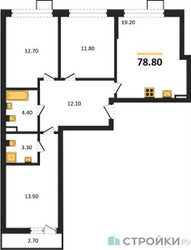 Планировка трехкомнатной(квартира) площадью 78.8 квадратных метров в ЖК “ЖК Деснаречье”