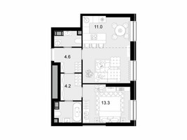 Планировка двухкомнатной(квартира) площадью 53 квадратных метров в “ЖК Трилогия Кристалл”