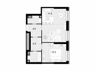 Планировка двухкомнатной(квартира) площадью 53 квадратных метров в ЖК “ЖК Трилогия Кристалл”