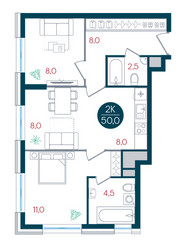 Планировка двухкомнатной(квартира) площадью 50 квадратных метров в ЖК “ЖК РУСИЧ-Кантемировский”