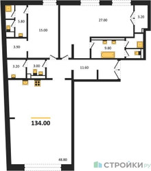 Планировка двухкомнатной(квартира) площадью 134 квадратных метров в ЖК “ЖК Nicole (Николь)”