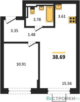 Планировка однокомнатной(квартира) площадью 38.69 квадратных метров в “ЖК Богдановский Лес”