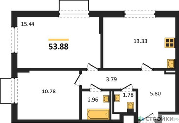 Планировка двухкомнатной(квартира) площадью 53.88 квадратных метров в ЖК “ЖК Мытищи Парк”