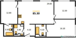 Планировка трехкомнатной(квартира) площадью 85.3 квадратных метров в “ЖК Wave (Вейв)”