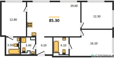 Планировка трехкомнатной(квартира) площадью 85.3 квадратных метров в ЖК “ЖК Wave (Вейв)”