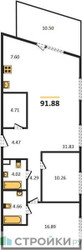 Планировка двухкомнатной(квартира) площадью 91.88 квадратных метров в ЖК “Квартал Foriver”
