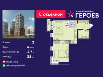 Планировка двухкомнатной(квартира) площадью 35 квадратных метров в ЖК “ЖК Героев”