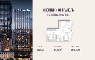 Планировка однокомнатной(квартира) площадью 34.94 квадратных метров в “ЖК Мневники от Гранель”