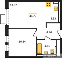 Планировка однокомнатной(квартира) площадью 35.76 квадратных метров в “ЖК Квартал Ивакино”
