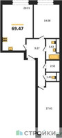 Планировка двухкомнатной(квартира) площадью 69.47 квадратных метров в “ЖК Городские Истории”