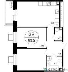 Планировка двухкомнатной(квартира) площадью 63.2 квадратных метров в ЖК “ЖК Одинцовские кварталы”