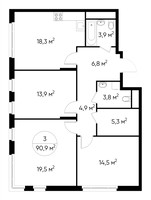 Планировка трехкомнатной(квартира) площадью 90.9 квадратных метров в “ЖК Переделкино Ближнее”