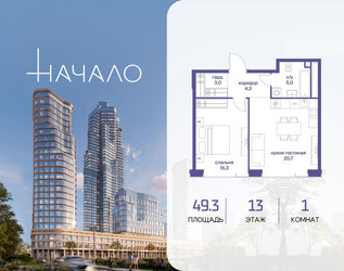 Планировка однокомнатной(квартира) площадью 49.3 квадратных метров в ЖК “ЖК Начало”