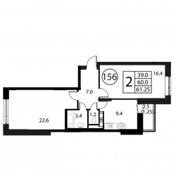 Планировка двухкомнатной(квартира) площадью 61.2 квадратных метров в ЖК “ЖК Космос”