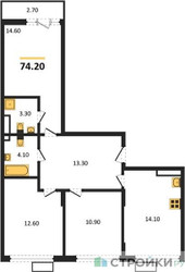 Планировка трехкомнатной(квартира) площадью 74.2 квадратных метров в ЖК “Деснаречье”