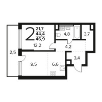 Планировка двухкомнатной(квартира) площадью 46.9 квадратных метров в “Новые Ватутинки. Заречный”