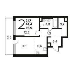 Планировка двухкомнатной(квартира) площадью 46.9 квадратных метров в ЖК “Новые Ватутинки. Заречный”