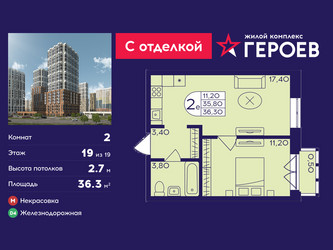 Планировка двухкомнатной(квартира) площадью 36.3 квадратных метров в ЖК “ЖК Героев”