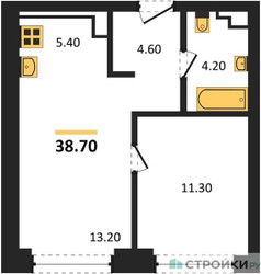 Планировка однокомнатной(квартира) площадью 38.7 квадратных метров в ЖК “ЖК Upside Towers (Апсайд Тауэрс)”